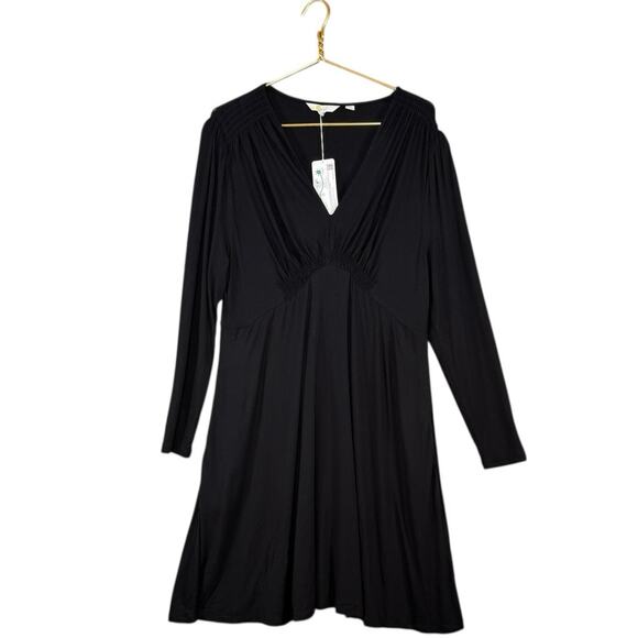 Boden Black Long Sleeve Dress | Deep V-Neck Ruched Waist Midi | Size 16/18R NWT - Picture 5 of 12